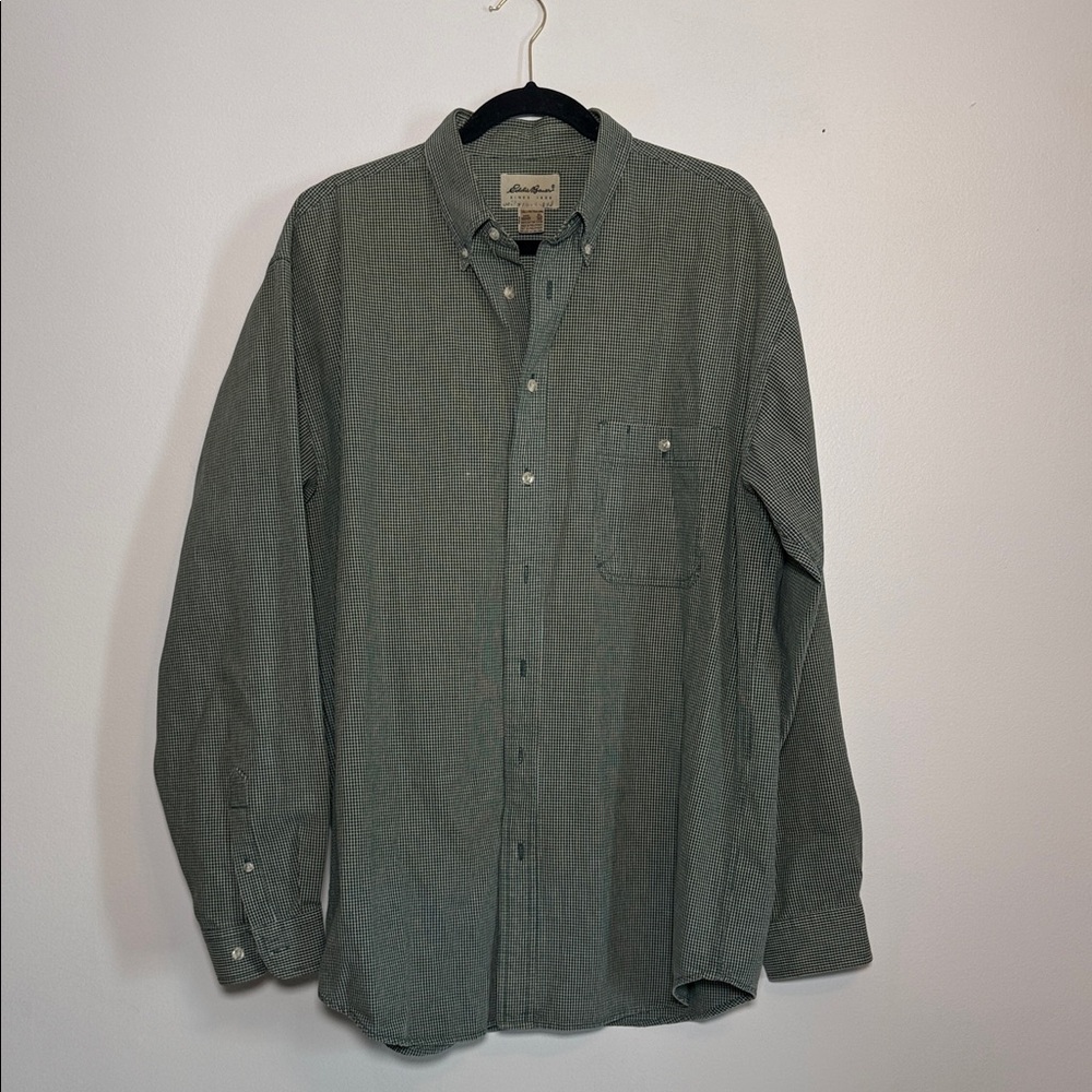 Eddie Bauer Green Micro Check Button Down Shirt XL Tall 100% Cotton